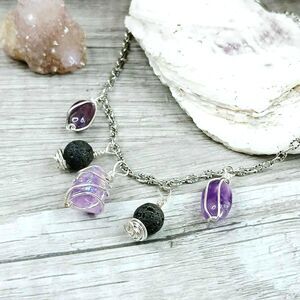 Gemstone Choker Necklace, Aura Amethyst Lava Rock, Crystal Jewelry, 14"